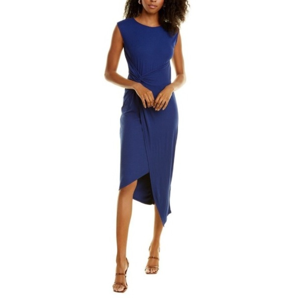 Laundry Shelli Segal Navy Blue Ribbed Knot Front Midi Dress Large Bodycon